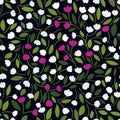 Floral seamless pattern with purple and white tulips, green foliage on a dark background. Hand vector illustration. Royalty Free Stock Photo